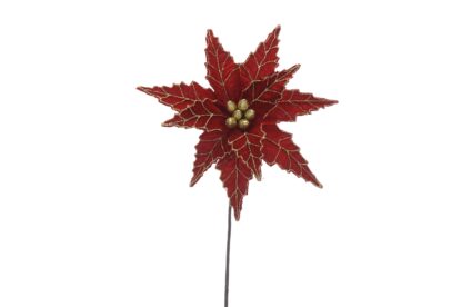 Christmas Floristry Decoration - Red Velvet Glitter Poinsettia Stem