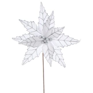 Christmas Floristry Decoration -White Velvet Glitter Poinsettia Stem