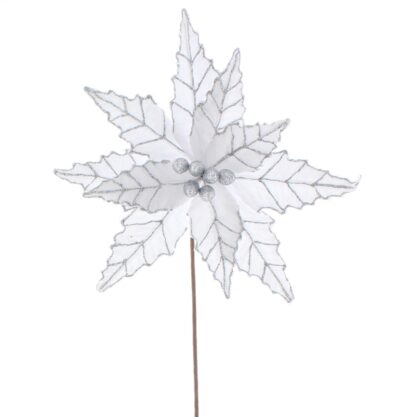 Christmas Floristry Decoration -White Velvet Glitter Poinsettia Stem
