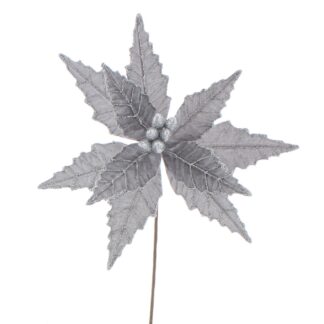Christmas Floristry Decoration -Silver Velvet Glitter Poinsettia Stem