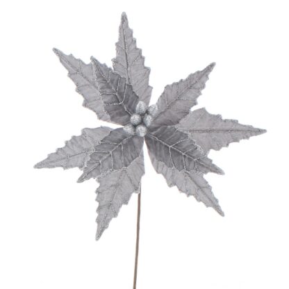 Christmas Floristry Decoration -Silver Velvet Glitter Poinsettia Stem