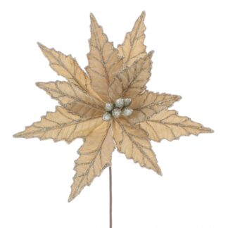 Christmas Floristry Decoration - Champagne Velvet Glitter Poinsettia Stem
