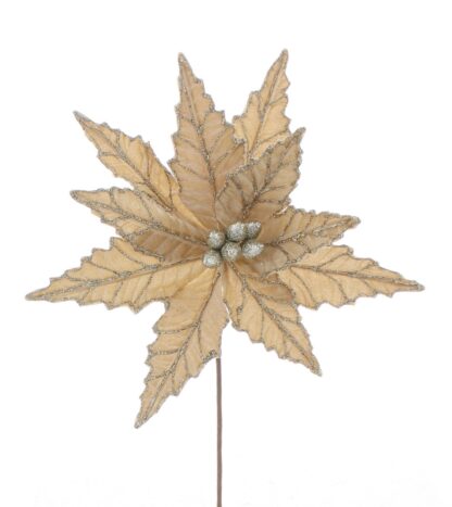 Christmas Floristry Decoration - Champagne Velvet Glitter Poinsettia Stem