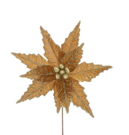 Christmas Floristry Decoration - Gold Velvet Glitter Poinsettia Stem