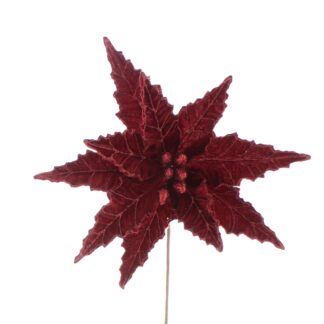 Christmas Floristry Decoration - Burgundy Velvet Glitter Poinsettia Stem