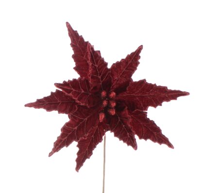 Christmas Floristry Decoration - Burgundy Velvet Glitter Poinsettia Stem
