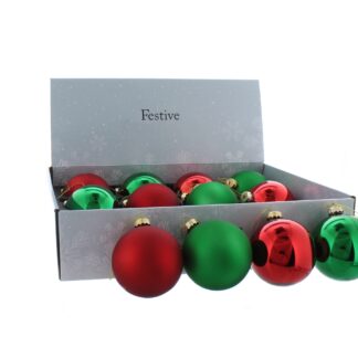Christmas Tree Decoration - Assorted Red And Green Glass Baubles - Pack of 12