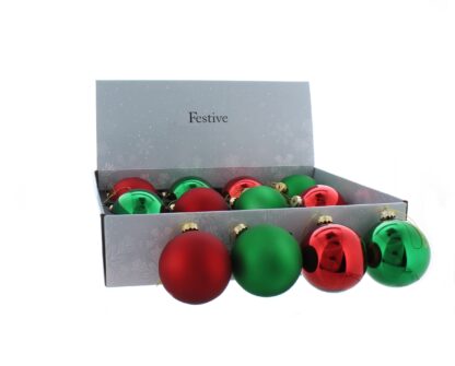 Christmas Tree Decoration - Assorted Red And Green Glass Baubles - Pack of 12