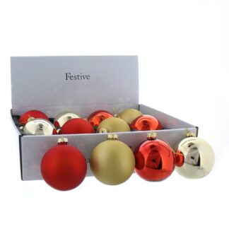 Christmas Tree Decoration - Assorted Red And Gold Glass Baubles - Pack of 12