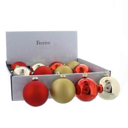 Christmas Tree Decoration - Assorted Red And Gold Glass Baubles - Pack of 12