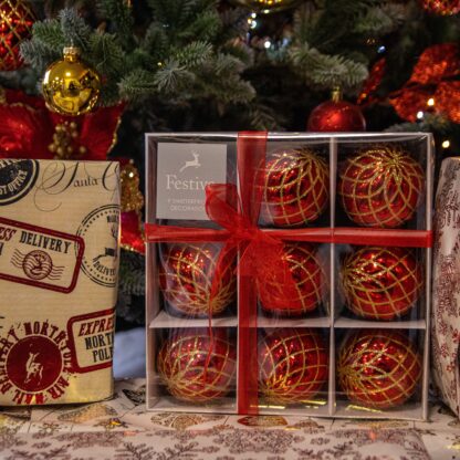 Red Patterned Baubles - Pack of 9 - Christmas Tree Decoration