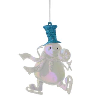 Christmas Tree Decoration - White Iridescent Snowman With Blue Hat
