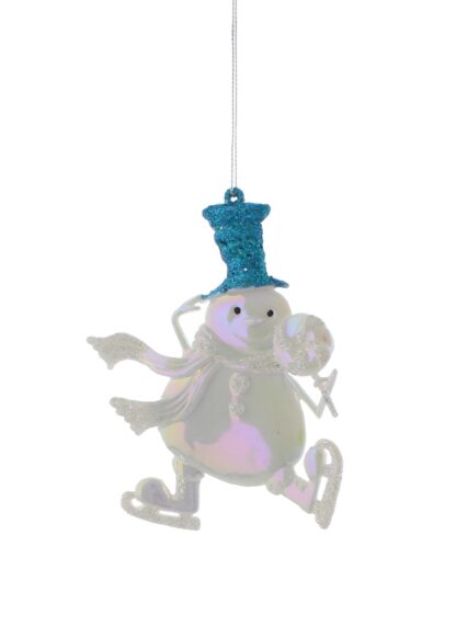 Christmas Tree Decoration - White Iridescent Snowman With Blue Hat