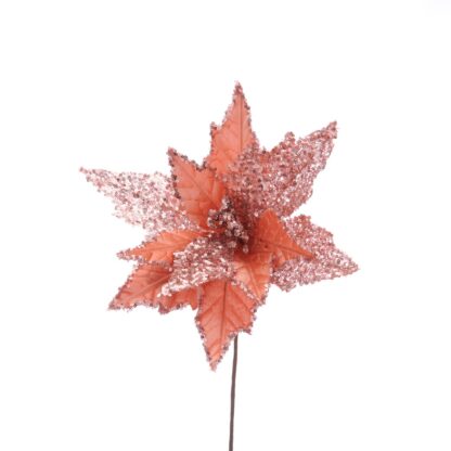Frosted Pink Poinsettia With Sequins Stem Ornament - Christmas Decoration
