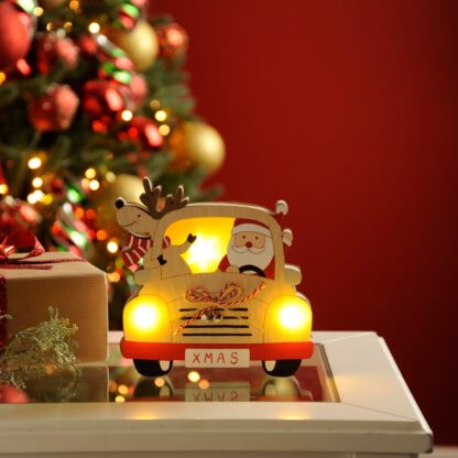 Christmas Decoration - Led Wooden Car With Reindeer And Santa