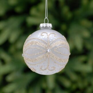 Christmas Tree Decoration - Silver Gold With Glitter Lines Glass Bauble