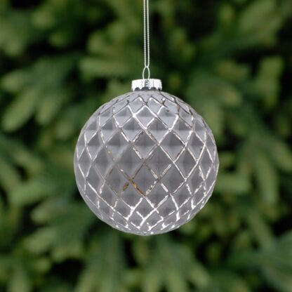 Silver And Grey Hexagon Patterned Glass Ball - Christmas Tree Decoration