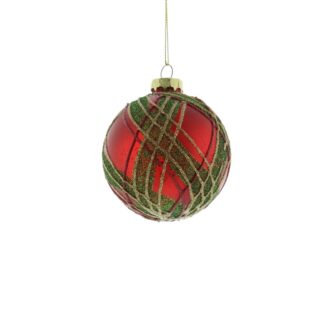 Burgundy And Green Check Glass Ball - Christmas Tree Decoration