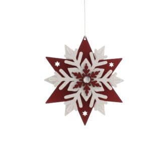 Christmas Tree Decoration - Red And White Wooden Snowflake