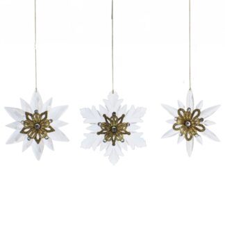 Christmas Tree Decoration - Clear And Gold Acrylic Snowflakes - Pack of 3