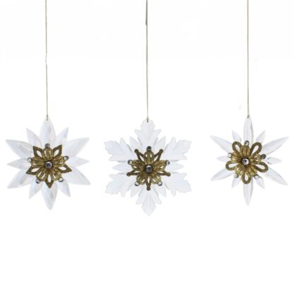 Christmas Tree Decoration - Clear And Gold Acrylic Snowflakes - Pack of 3
