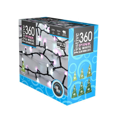 360 Pink And White Glow-Worm Lights - Christmas Lights