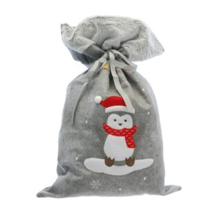 Grey Christmas Sack With Penguin - Christmas Decoration