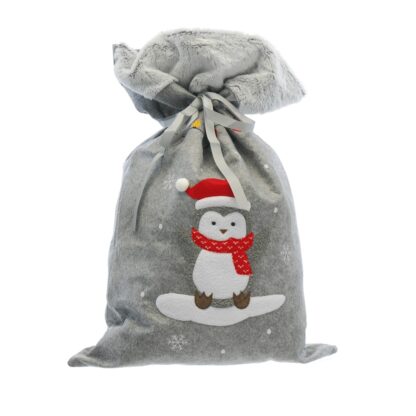 Grey Christmas Sack With Penguin - Christmas Decoration
