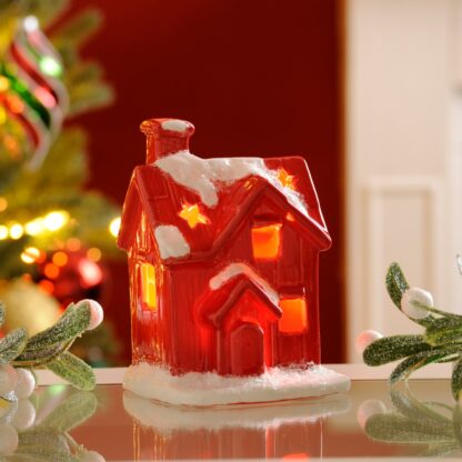 Light Up Red Porcelain Red House With Snow - Christmas Decoration