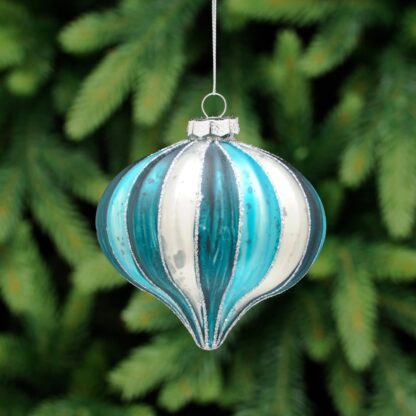 Silver And Navy Glass Onion - Christmas Tree Decoration