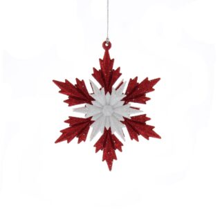 Hanging Red And White Glitter Snowflake - Christmas Tree Decoration