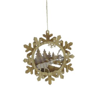 Hanging Wooden Snowflake-Reindeer Scene - Christmas Tree Decoration