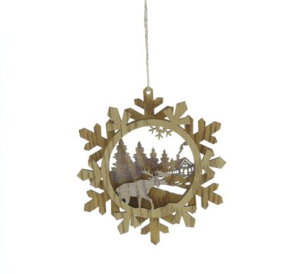 Hanging Wooden Snowflake-Reindeer Scene - Christmas Tree Decoration