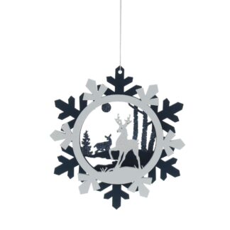 Hanging Blue And White Wooden Snowflake-Reindeers - Christmas Tree Decoration