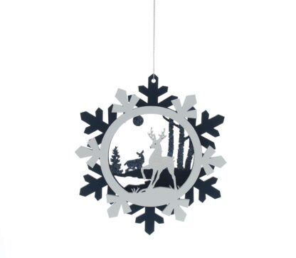 Hanging Blue And White Wooden Snowflake-Reindeers - Christmas Tree Decoration