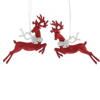 Pair of Hanging Red And White Leaping Reindeer - Christmas Tree Decoration