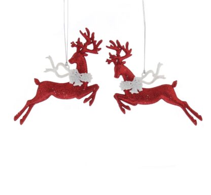 Pair of Hanging Red And White Leaping Reindeer - Christmas Tree Decoration