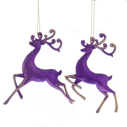Pair of Hanging Purple And Brushed Gold Reindeer - Christmas Tree Decoration