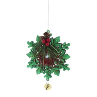 Hanging Geen Glitter Snowflake With Gold Bell