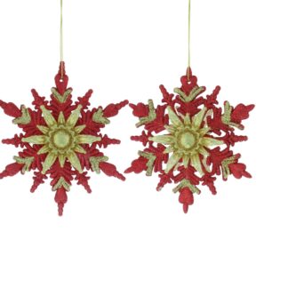 Pair of Hanging Red And Gold Snowflakes - Christmas Tree Decoration