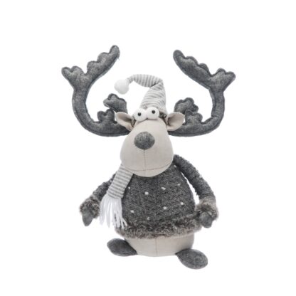 Christmas Decoration - Sitting Grey Reindeer With Scarf