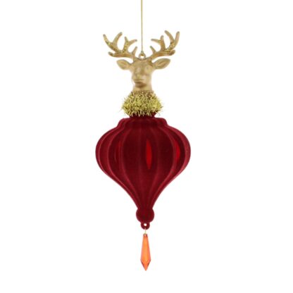 Hanging Red And Gold Acrylic Dear Head On Onion - Christmas Tree Decoration