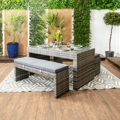 Naples - Glass Topped Luxury Grey Rattan Picnic Table With Two Benches & Anthracite Cushions