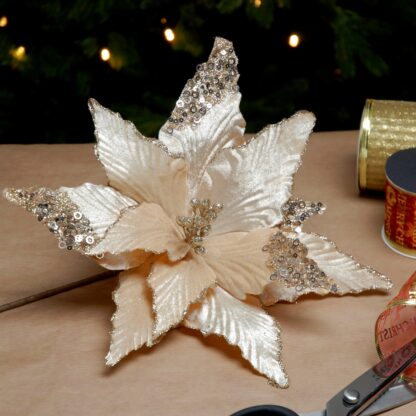 Champagne Gold Velvet Poinsettia - Christmas Floristry Decoration