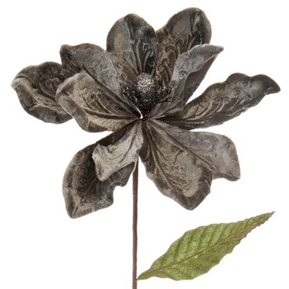 Pewter Grey Velvet Magnolia Stem - Christmas Floristry Decoration -