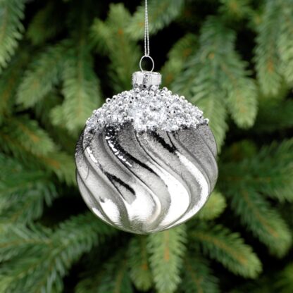 Gunmetal Grey Glass Swirl Bauble - Christmas Tree Decoration