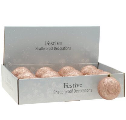Rose Gold Glitter Baubles - Christmas Tree Decoration - Pack of 12