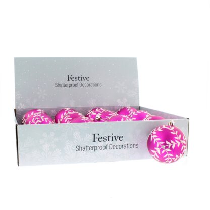 Pink And White Leaf Design Baubles - Pack of 12 - Christmas Tree Decoration