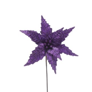 Purple Velvet Glitter Poinsettia Stem - Christmas Floristry Decoration