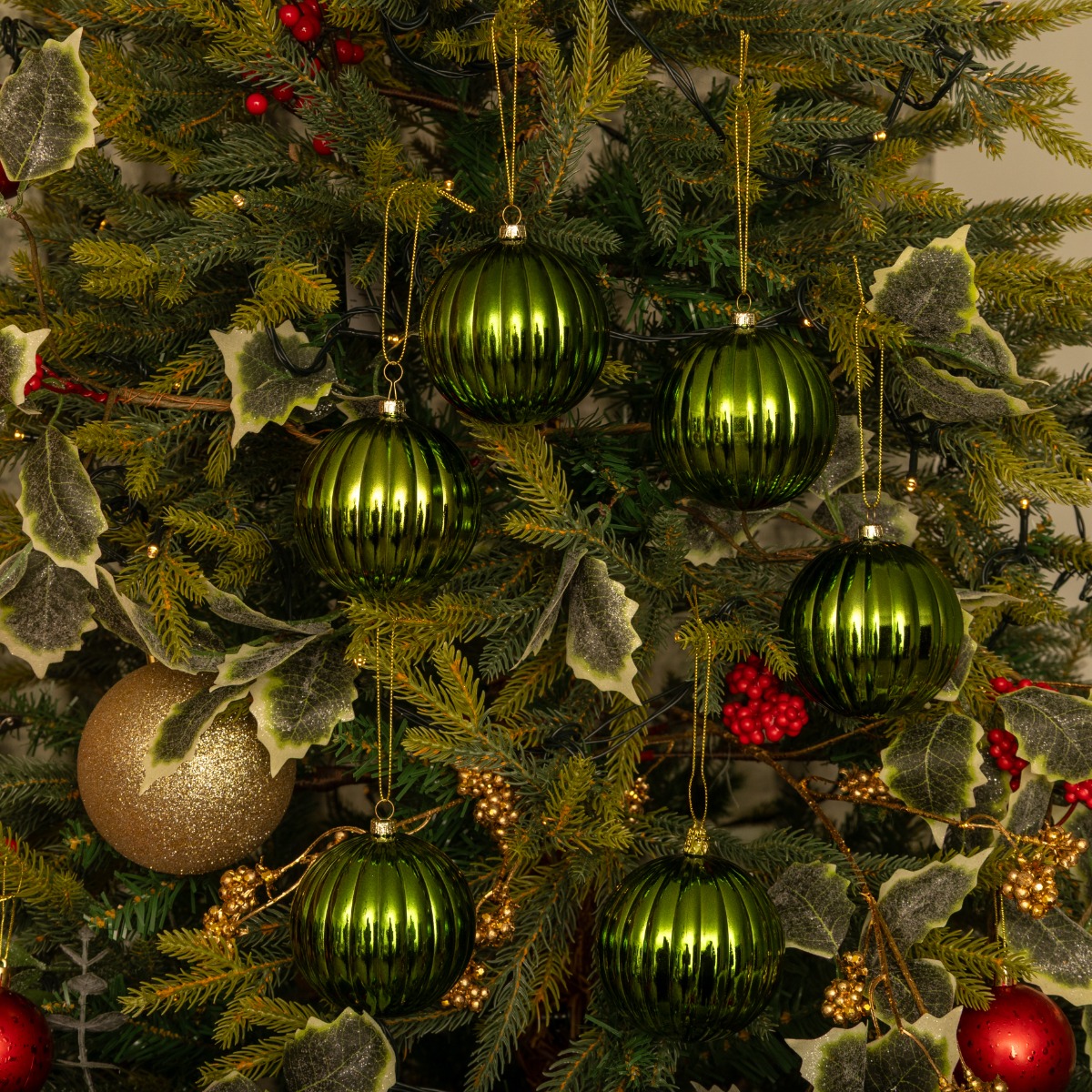 Shiny Green Pumpkin Baubles - Pack of 6 - Christmas Tree Decorations